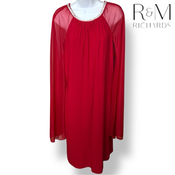 R&M Richards Red Chiffon Dress Rhinestone Neckline Sheer Capelet Size | Sz 14 - Picture 1 of 13